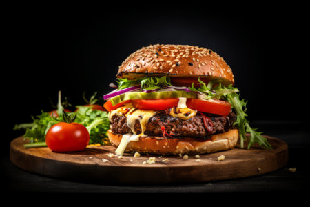 classic burger on wooden plate and dark background, generated by aiの素材