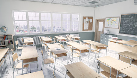 view of bright traditional school interior with nobody. education concept. 3d renderの写真素材