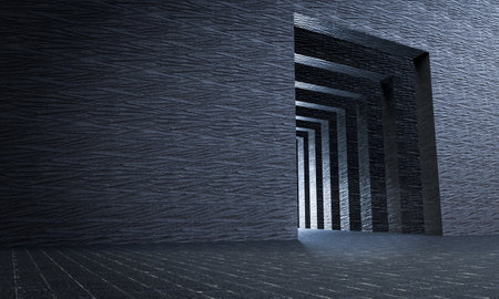 black walls and repeated portals with dark rock. 3d renderの写真素材