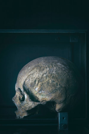 real human skull in metal box dark backgroundの写真素材