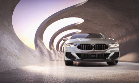 luxurious car in futuristic curved abstract tunnel. 3d renderの写真素材