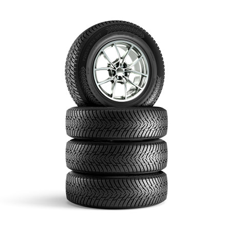 car snow tires on a white background. 3d renderの写真素材