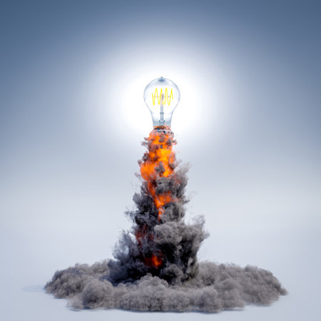 light bulb taking flight with smoke and flames, innovation concept. 3d renderの写真素材