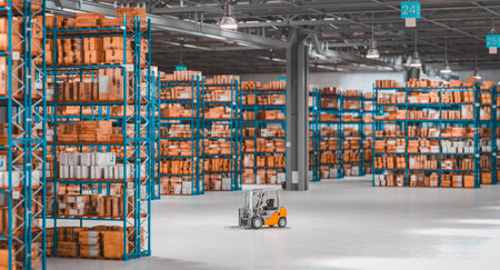 forklift in the middle of a storage warehouse. 3d render backgroundの写真素材