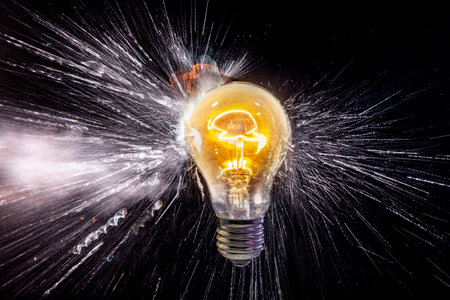 electric bulb breaks with shrapnel scattering quickly on black backgroundの写真素材