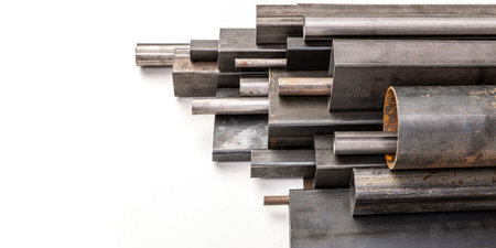 metal profiles of various shapes and sizes on a white background.の写真素材