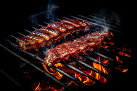 pork ribs cooking on a bbq grill. generated with aiの素材