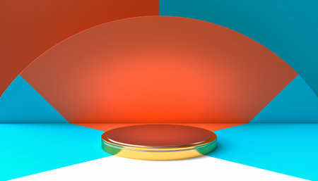 3d render gold podium with geometric shapesの写真素材