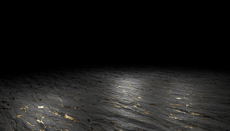 3d render of black stone background with gold insertsの写真素材
