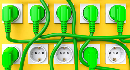 green Schuko plugs and yellow wall. 3d render background