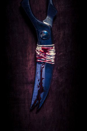 antique scissors bound in blood on a wooden background