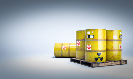 3d render yellow radioactive barrels on palletsの写真素材