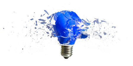 blue bulb destroying on white background, high speed photography.