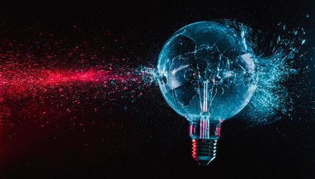 large blue bulb shatters and creates fragments of red glass.の写真素材