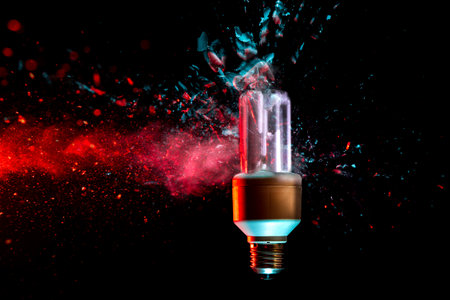 explosion of a low energy light bulb. black background.の写真素材