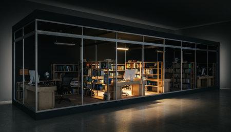 separate cell offices in the dark, one is illuminated. 3d renderの写真素材