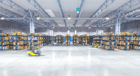 large warehouse with moving vehicle. 3d renderの写真素材