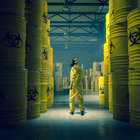 man in yellow protective suit in warehouse with metal drums with radioactive and chemical waste.の写真素材