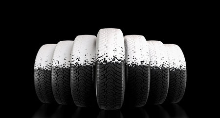 snow-covered winter tires on a black background. 3d renderの写真素材