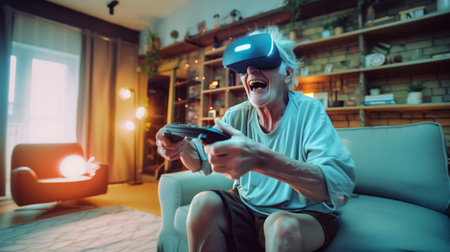 elderly man experiences virtual reality while having fun. generated by aiの素材