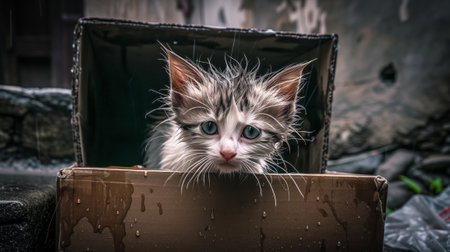 little kitten abandoned in a cardboard box on a rainy day. generated byの素材