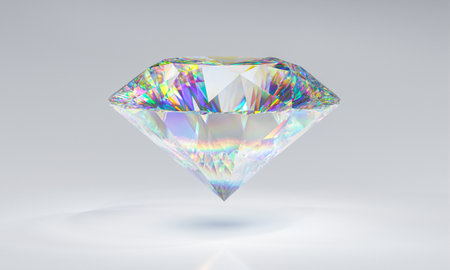 iridescent classic-cut diamond on a white background. 3d renderの写真素材