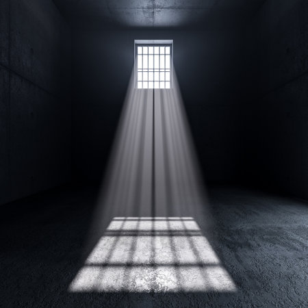 inside a prison, light coming from a window with bars. 3d renderの写真素材