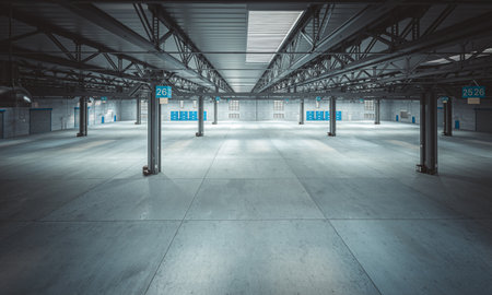 inside a large empty warehouse with a concrete floor. 3d renderの写真素材