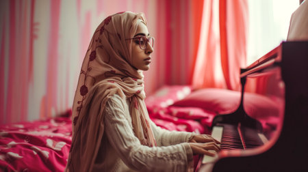 girl with glasses practices piano. traditional muslim dress. generated by aiの素材