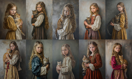 portrait of several little girls holding a cat, oil painting style. generated by aiの素材
