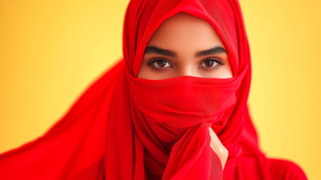 portrait of a beautiful Muslim woman covered with a red veil on a yellow background. generated by aiの素材