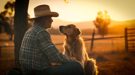senior Caucasian cowboy wearing hat with his dog at sunset in countryside. generated by aiの素材
