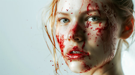 Portrait of Caucasian girl 20s covered with blood, victim, concept of violence on women. generated by aiの素材