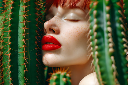 Close-up of a woman's face with red lipstick and freckles, framed by green cactus spines. generate by aiの素材