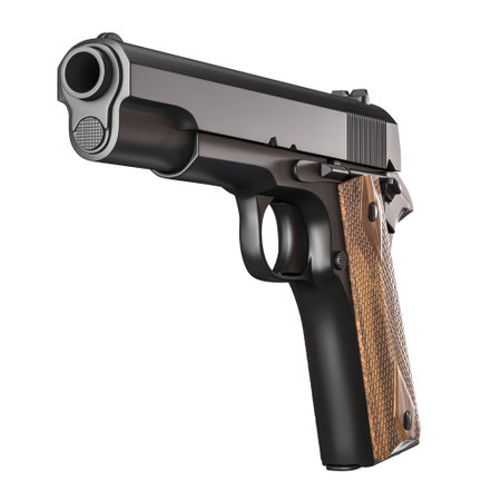 Realistic illustration of a black handgun with wooden grip detail. 3d renderの写真素材