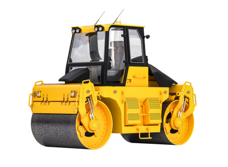 Vivid image of a yellow road roller on a white background. 3d renderの写真素材