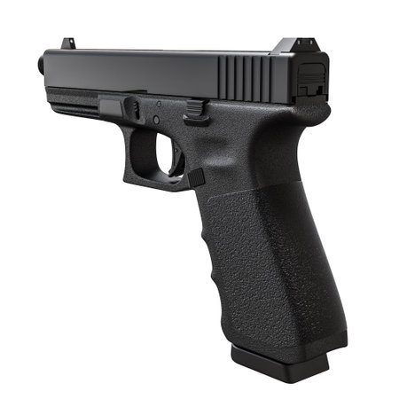 Black semi-automatic pistol with a tactical design isolated on a white background. 3d renderの写真素材
