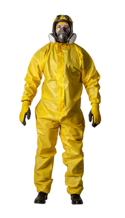 Front view of a person clad in a full yellow hazmat suit with safety goggles and maskの写真素材