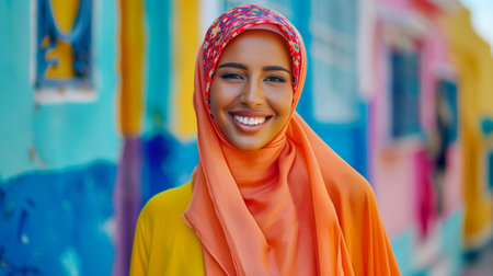 Joyful young woman wearing a vibrant hijab against a colorful background.generated by aiの素材