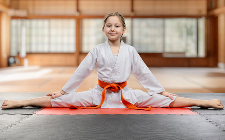 Cheerful child in a karate uniform performs a split on a matの写真素材