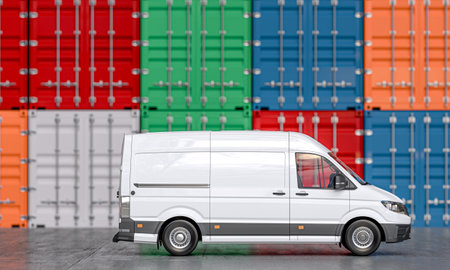 3d-rendered cargo van parked ready for loading in a logistics hub with colorful containers