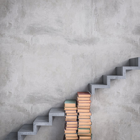 Conceptual image of a pile of books forming a staircase, blending into a concrete stairway. 3d renderの写真素材