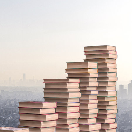 Stacks of books towering with a blurry city skyline in the backdrop. 3d render