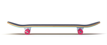 Side view of a colorful skateboard with red wheels. 3d renderの写真素材
