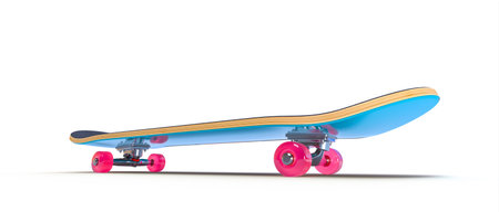 Vibrant skateboard with blue deck and pink wheels isolated on white. 3d renderの写真素材