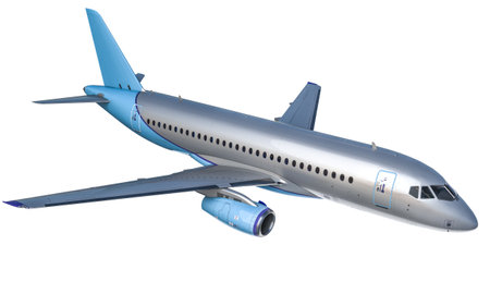 3d render of a modern passenger aircraft with blue tail and engines, isolated on a white background
