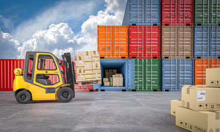 Forklift truck in action at a commercial shipping container terminal. 3d renderの写真素材