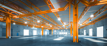 Spacious and empty industrial warehouse with vibrant orange steel structure. 3d renderの写真素材
