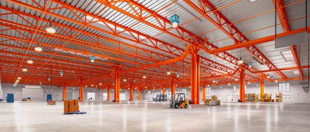 Modern empty warehouse with orange steel structure, 3d renderの写真素材