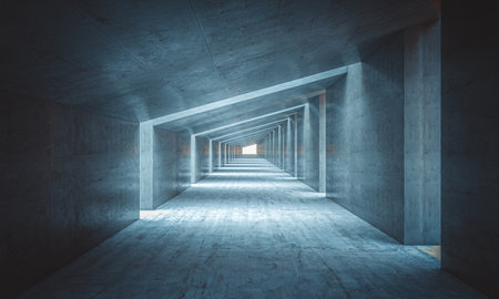 Abstract geometric view of a modern, symmetrical concrete tunnel. 3d renderの写真素材